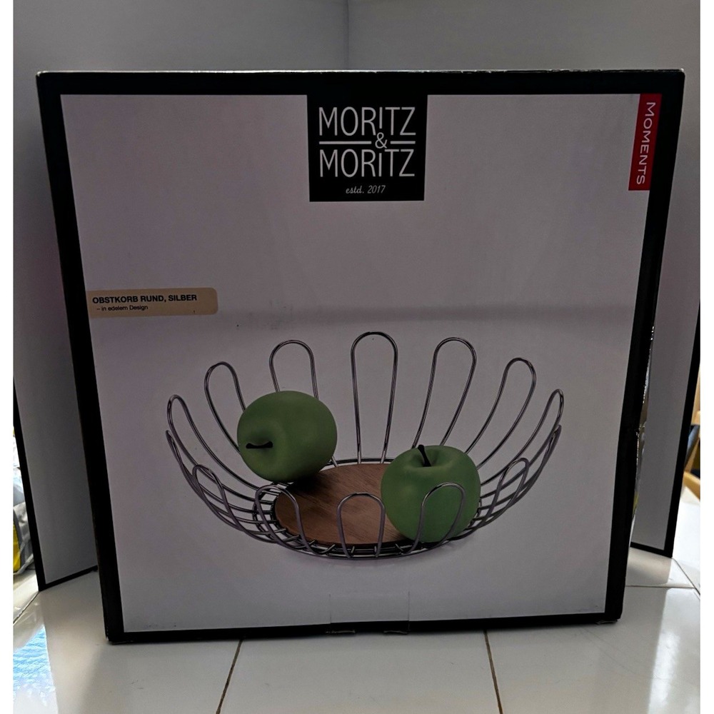 Moritz & Moritz Moments Round Silver Fruit Basket Metal/Wood Freestanding[FLR]